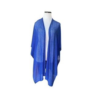 Chicos Stitched Diamond Ruana Layering Wrap One Size Blue Sheer Open Knit Kimono